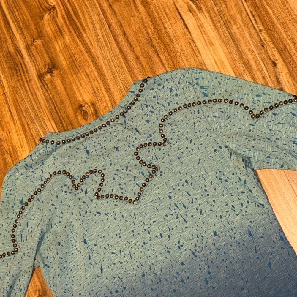 Double D Ranch women’s large shirt long sleeve Teal blue ombre cross embellish - Picture 9 of 11
